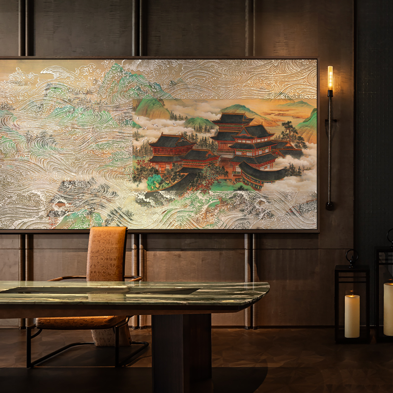 新中式客厅沙发背景墙装饰画山水风景立体画餐厅浮雕肌理长条挂画