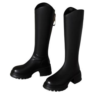 星期六加绒高跟黑色长筒靴女2025新款冬季英伦厚底高筒骑士长靴女
