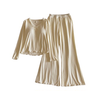 双面海岛绒带胸垫睡衣女春秋冬季保暖长袖V领家居服两件套高级感