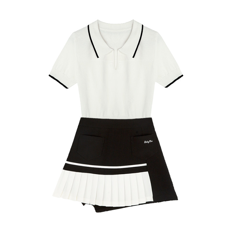 韩版高尔夫球服装女套装夏季冰丝白色短袖POLO衫golf速干百褶短裙