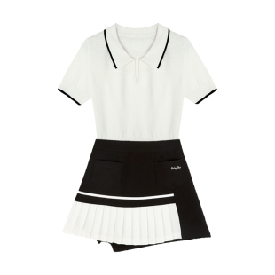 韩版高尔夫球服装女套装夏季冰丝白色短袖POLO衫golf速干百褶短裙