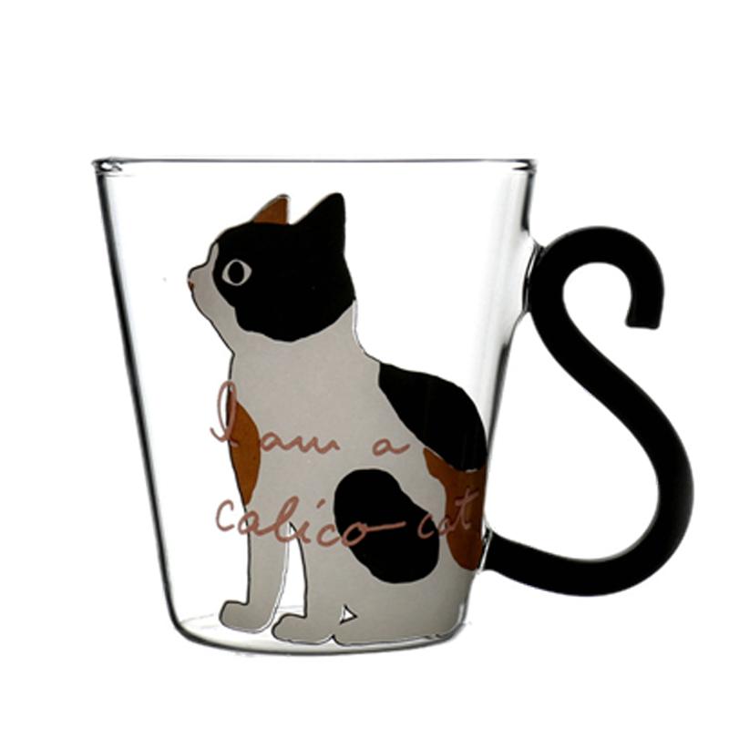 日本风ins黑白猫咪耐热玻璃杯家用创意早餐牛奶杯精致可爱猫爪杯