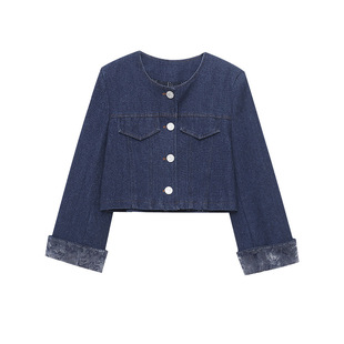 富家千金感细闪亮丝斜纹暗纹提花袖口牛仔外套短款