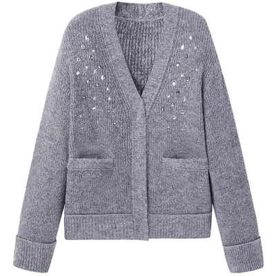 太平鸟女装冬季钉钻珠片开衫休闲女针织衫A1EDE4614
