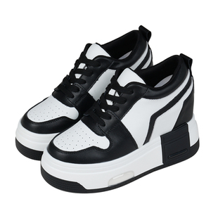 10公分黑白熊猫鞋女真皮8CM小个子内增高女鞋松糕厚底鞋加绒板鞋