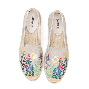 新款浅口亚麻刺绣火烈鸟草编麻底一脚蹬孕妇旅游透气平底渔夫鞋女