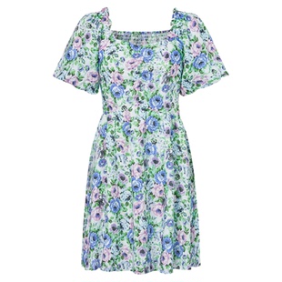 摩萨克夏季亚麻法式紫蓝玫瑰碎花印花泡泡袖短款连衣裙女