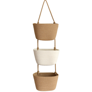 棉绳编织收纳挂袋壁挂式多层收纳篮家居装饰门后书桌侧边绳编挂篮