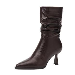 达芙妮细高跟短靴女2025新款冬季加绒棕色尖头瘦瘦靴子中筒堆堆靴