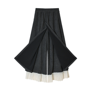 加绒拼接蕾丝花边阔腿裤女2025新款百搭秋冬休闲高腰宽松显瘦裙裤