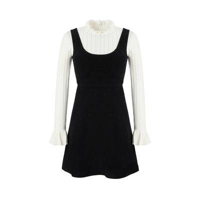 假两件木耳边长袖连衣裙