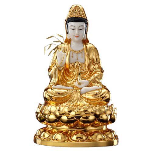汉白玉金镶玉观音菩萨佛像家用供奉南海坐莲观世音娑婆三圣像摆件