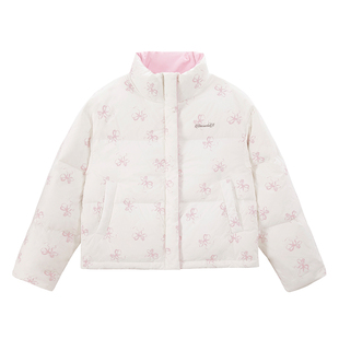 UNIFREE蝴蝶结印花羽绒服立领轻薄宽松防风保暖90绒冬季女士外套