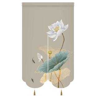 新中式荷花系列风水门帘半透免打孔隔断帘卧室卫生间隐私遮挡半帘