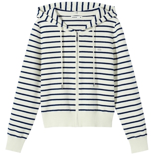 热风女士针织衫红色条纹内搭打底衫2026年春季新款连帽针织上衣