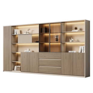 办公室背景柜文件柜木质玻璃门收纳柜老板桌书柜高级感轻奢资料