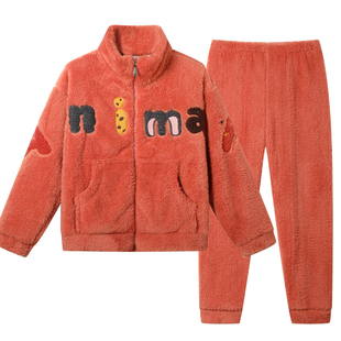 睡衣情侣法兰珊瑚绒女拉链连帽男秋冬季加厚款长毛保暖家居服套装