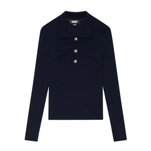 【含羊毛】DKNY唐可娜儿春季针织衫女装半开襟翻领修身竖条纹简约