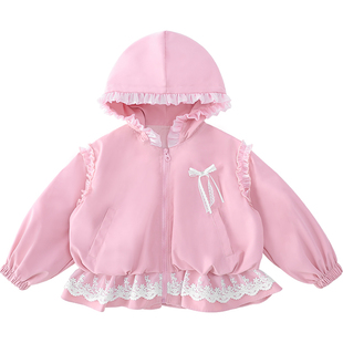 女童外套女孩中长款风衣春装2026新款洋气儿童网纱拼接连帽冲锋衣