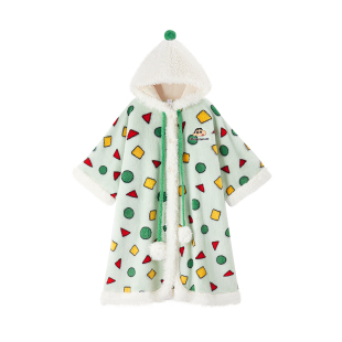 蜡笔小新珊瑚绒斗篷睡袍女款冬季加绒加厚可外穿连帽睡衣披风浴袍