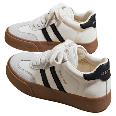 人本2025冬季新款加绒德训鞋女款厚底韩版百搭休闲二棉保暖板鞋子