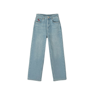 爆炸好看!刺绣小马~加厚绒牛仔裤女冬新款浅蓝色直筒宽松阔腿裤