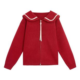 紫涵海军领宽松针织开衫女2025年冬季新款甜美学院风拉链毛衣外套