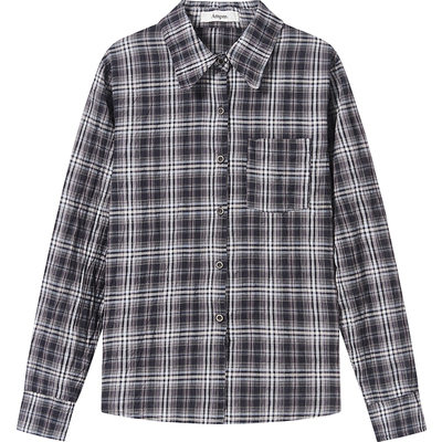 蓝格子长袖合身高温皱洗衬衣