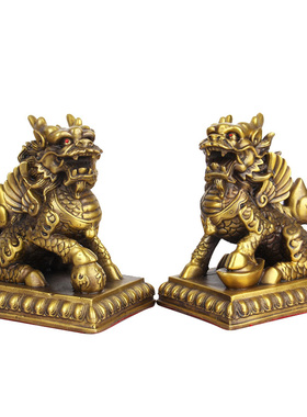 老神仙纯铜财富八卦麒麟摆件一对