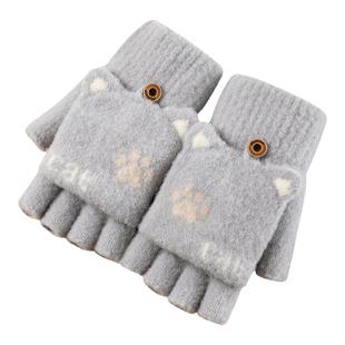 手套女士秋冬保暖加绒加厚防寒可爱骑行学生针织冬季翻盖半指手套