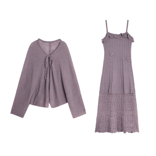 有耳uare小众设计 漫步墨尔本 手钩花针织吊带连衣裙罩衫开衫套装