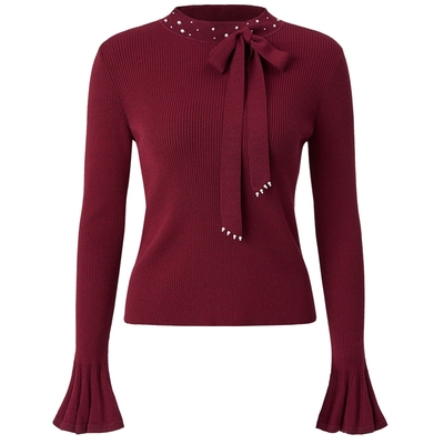 【奥莱】MAXRIENY蝴蝶结套头针织毛衫修身上衣红色毛衣女