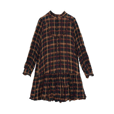 谜底格子连衣裙长袖女秋新品复古风小立领A字型短裙243ML0983