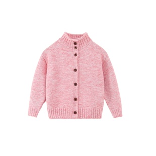 拉夏贝尔儿童春季半高领毛衣甜美宽松型粉色开衫女童单排扣针织衫