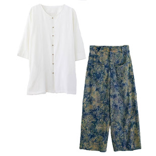 中式女装中国风高级感上衣女夏扎染棉麻阔腿裤巨显瘦遮肉套装夏季