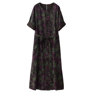 一丝牵 双面穿香云纱提花真丝连衣裙国风100%桑蚕丝圆领明线长裙