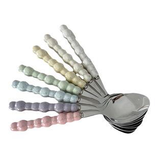 韩风ins奶油质感珍珠陶瓷手柄高颜值不锈钢汤匙甜品吃饭叉勺餐具