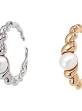 法式复古小众麻花天然珍珠戒指女时尚轻奢高级感开口指环食指戒潮