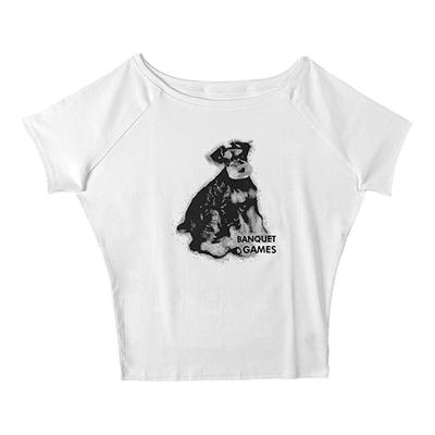 小狗印花斜肩短袖t恤女露肩上衣