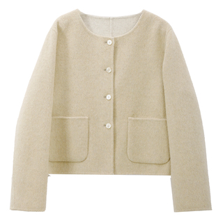 达佳诗米色两面穿双面呢大衣女深冬韩系穿搭宽松圆领毛呢短款外套