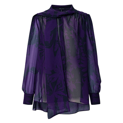 【博主同款】BCBG优雅别致花卉印花飘带领气质长袖紫色衬衫女上衣