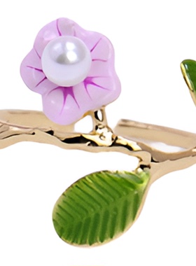 珐琅釉彩珍珠粉色小花设计戒指女