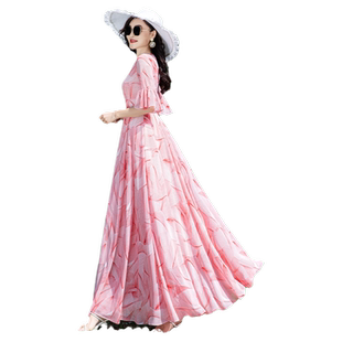 雪纺碎花连衣裙女长款到脚踝夏季气质V领新款长裙收腰显瘦沙滩裙