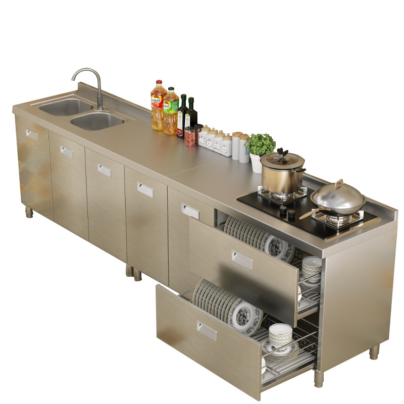 304整体不锈钢厨房定制橱柜简易水槽灶台柜一体农村储物拉篮碗柜