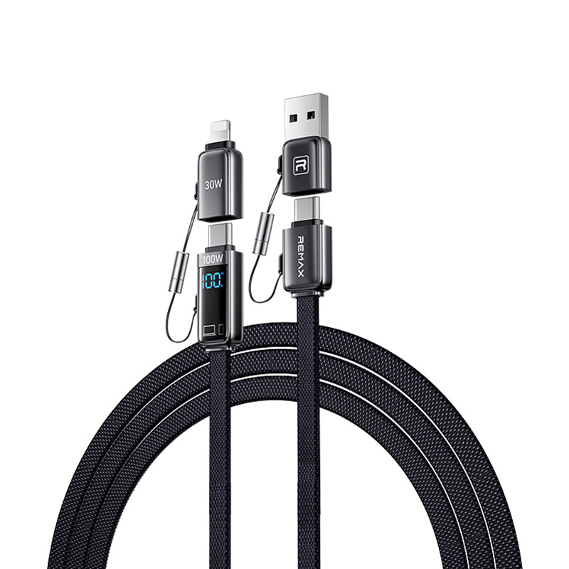 4 IN 1充电数据线100W一拖四用四合一USB PD快充线双头Type-c二转2线多功能USBAC数显适用于苹果安卓