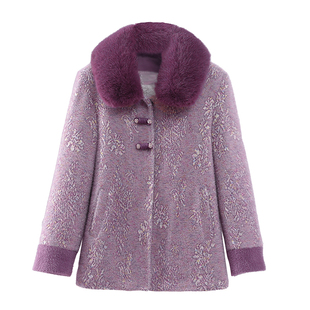 妈妈冬装仿水貂绒翻领加绒外套中老年女装洋气毛呢大衣加厚棉衣服