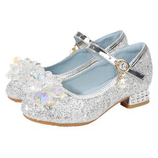 女童公主鞋2026新款爱莎水晶软底宝宝小皮鞋女孩艾莎高跟儿童鞋子