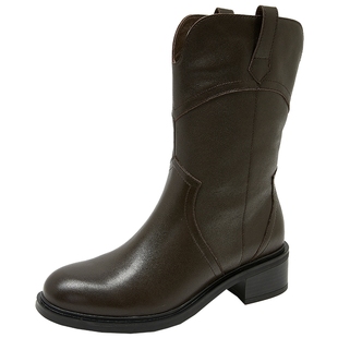 康莉牛皮革中筒靴女2025冬季新款加绒时装西部靴粗高跟真皮骑士靴