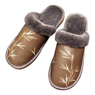 全牛皮拖鞋冬季男家居保暖家用防滑室内厚底防水真皮棉拖鞋女情侣
