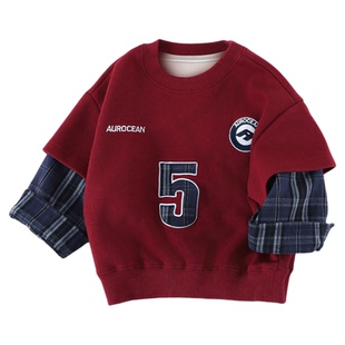 儿童中国红色假两件卫衣2025新款男童长袖上衣宝宝百搭衣服AS845